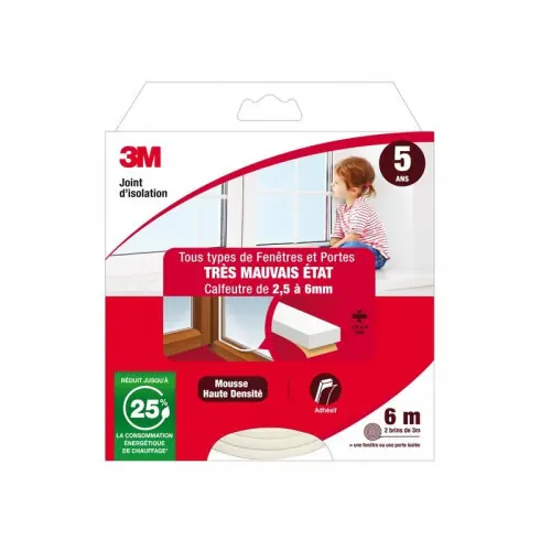 Meilleur Prix Joint Porte/Fenêtre Universel Très Mauvais Etat 2,5 À 6 mm X 6 m Blanc – 3M