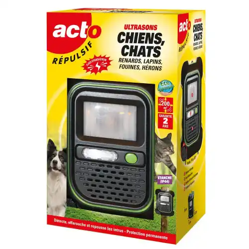 Offre Exclusive Répulsif ultrasons à piles pour chiens, chats, renards, lapins, fouines et héron – ACTO