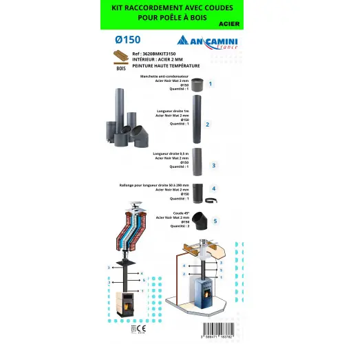 Paiement Sécurisé Kit de raccordement avec coudes pour poêle à bois - acier noir 2 mm Ø150 - avec manchette, longueurs droites, rallonge ajustable - An Camini France