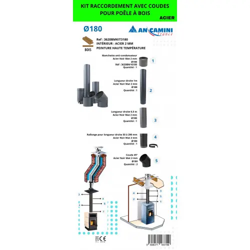 Vente Flash Kit de raccordement avec coudes pour poêle à bois – acier noir 2 mm Ø180 – avec manchette, longueurs droites, rallonge ajustable – An Camini France