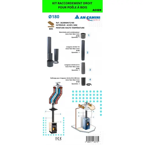 Commander Vite Kit de raccordement droit pour poêle à bois - acier noir 2 mm Ø180 - avec manchette, longueurs droites et rallonge ajustable - An Camini France