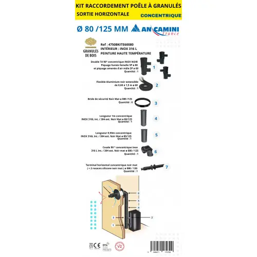 Kit raccordement concentrique Ø80/125 mm pour poêle à granulés - sortie horizontale - inox 316L - An Camini France Offre Du Jour