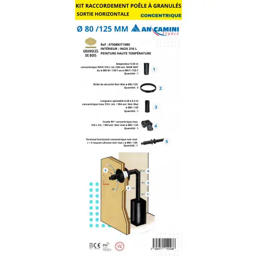 Prix Cassé Kit raccordement concentrique sortie horizontale pour poêle à granulés – Ø80/125 mm – An Camini France