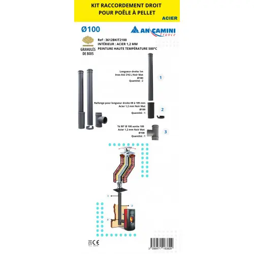Kit raccordement droit pour poêle à pellets - acier noir 1,2mm Ø100 - avec longueurs droites, rallonge ajustable, té 90° - An Camini France Jusqu'à Épuisement Des Stocks