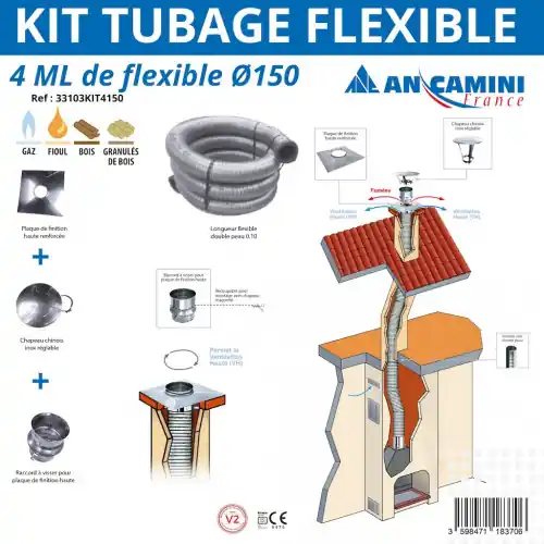Kit tubage flexible inox Ø150 - 4 mètres - avec plaque de finition, chapeau chinois et raccord - An Camini France Soldes