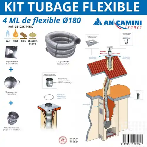 Haute Qualité Kit tubage flexible inox Ø180 - 4 mètres - avec plaque de finition, chapeau chinois et raccord - An Camini France