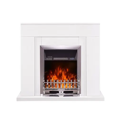 Offre Exclusive Cheminée électrique sur pied - Agnes blanc & Galileo Silver - 2000 W - flamme LED orange - style classique - ArtFlame