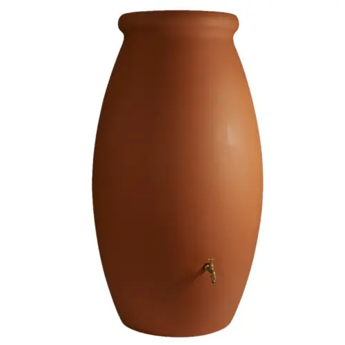 Acheter Direct Récupérateur à eau Jarre 1000L terre cuite – couvercle, robinet laiton et kit chéneau – Belli