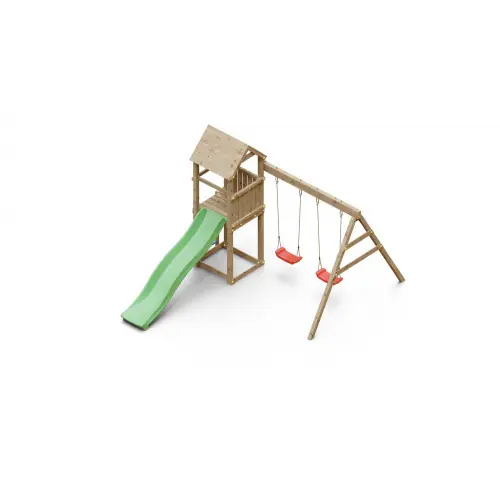 Dernier Modèle Aire de jeu extérieur en bois – 1 toboggan + 2 balançoires – 348x284x188cm – Ambroise – CHALET & JARDIN