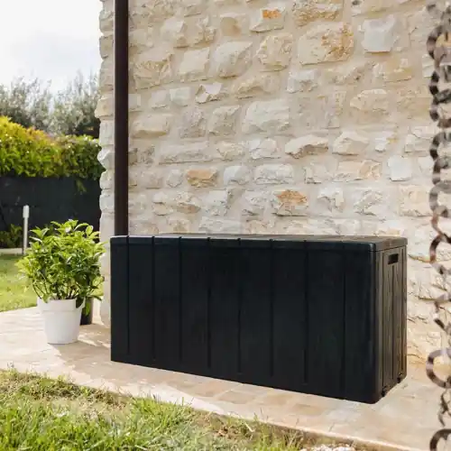 Coffre de jardin 270L en résine effet bois avec assise – BRAVO 270L – Anthracite – CHALET & JARDIN Authentique