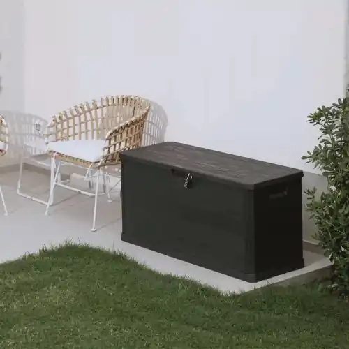 Coffre de jardin 280L en résine effet bois – WOODY‘S – Anthracite – CHALET & JARDIN Meilleur Choix
