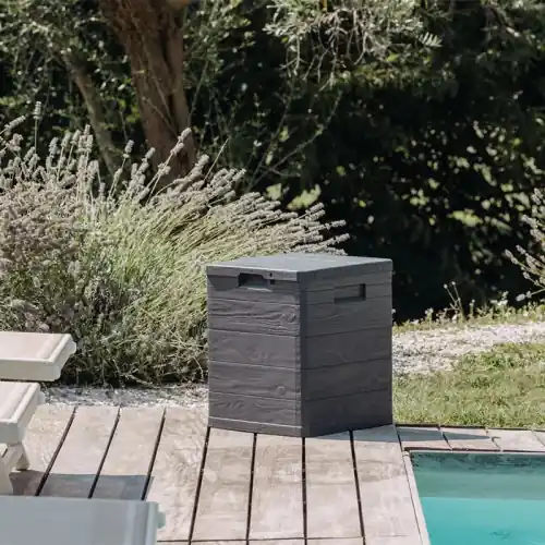 Coffre de jardin 90L - WOODY‘S - en résine effet bois - Anthracite - CHALET & JARDIN Offre Limitée
