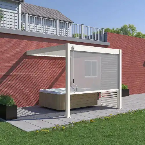 Livraison Express Pergola bioclimatique Ombréa 2023 adossée alu 3x3M + 1 store 3M – Blanc – VS – CHALET & JARDIN