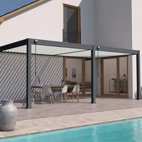 Pergola bioclimatique - Ombréa - adossée - 3x6M - Anthracite blanc - Version 2 - 300x600x258 cm - CHALET & JARDIN Promotion Saisonnière