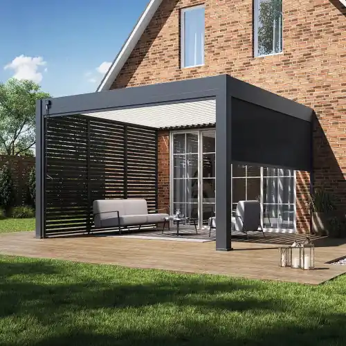 Expédition Rapide Pergola bioclimatique - Ombréa - adossée - 4x4M - Anthracite blanc - Version 2 - 400x400x258 cm - CHALET & JARDIN