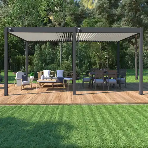 Pergola bioclimatique – Ombréa – autoportante – 4x8M – Anthracite blanc – VS – 400x800x258 cm – CHALET & JARDIN Vente Flash