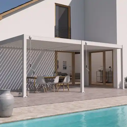 Pergola bioclimatique - Ombréa VS - adossée - 3x6M - Beige sable - Version 2 - 300x600x258 cm - CHALET & JARDIN Réduction