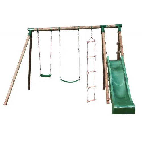 Soldes Portique & Toboggan de jardin en bois Navajos 330 x 260 x 230 cm - Tissu protection rouge - CHALET & JARDIN