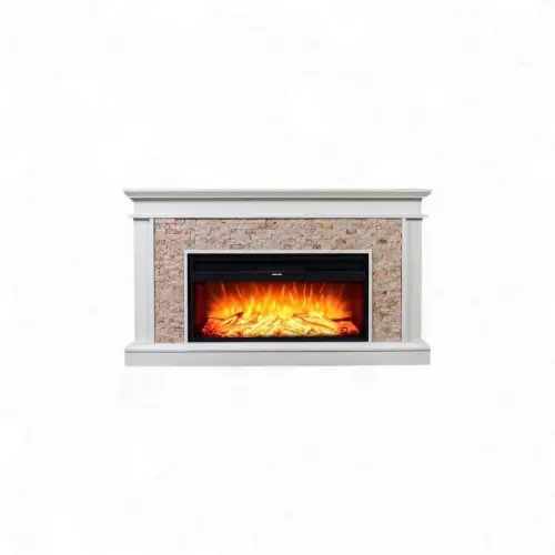 Expédié Aujourd'hui Cheminée électrique décorative en pierre naturelle - TUVALU - 1800W - 149 cm - Crème & blanc - DLC Home