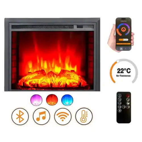 Nouvelle Collection Cheminée électrique – EF4 – 1800 W avec effet flamme réaliste, chauffage 17 à 27 °C – Bluetooth Wi-Fi – DLC Home