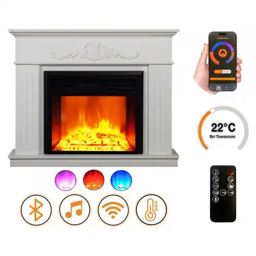 Bon Marché Cheminée électrique – Fabienne – 1800 W – Effet flamme réaliste – Chauffage 17 à 27 °C – Bluetooth & Wi-Fi – DLC Home