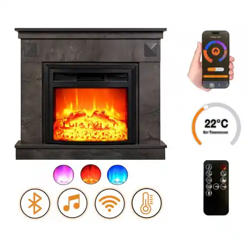 Commande En Gros Cheminée électrique - Irony Gray - 1800 W avec effet flamme réaliste, chauffage 17 à 27 °C - Bluetooth Wi-Fi - DLC Home