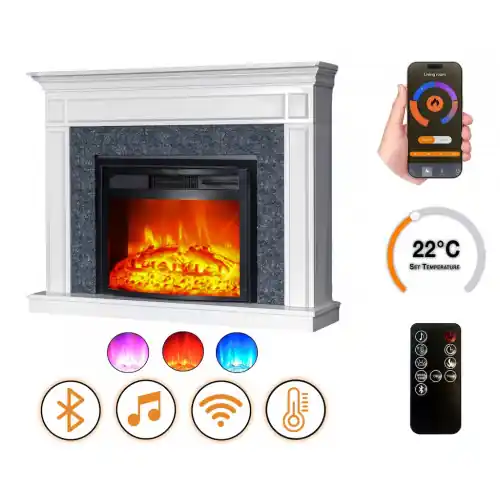 Réduction Cheminée électrique – Morella – 1800 W avec effet flamme réaliste, chauffage 17 à 27 °C – Bluetooth Wi-Fi – DLC Home
