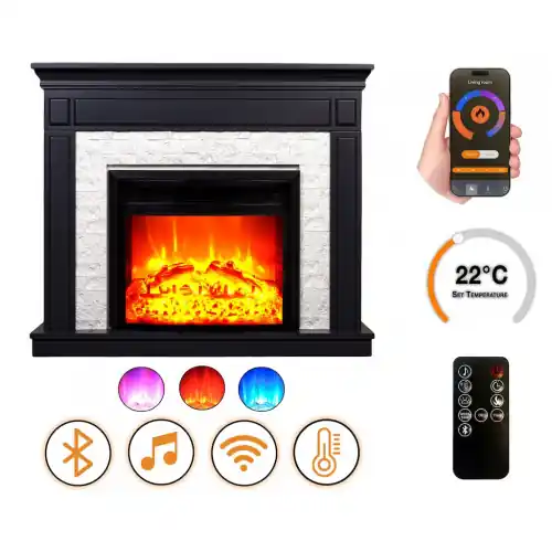 Acheter Direct Cheminée électrique – Morella – 1800 W – effet flamme réaliste, chauffage 17 à 27 °C – Bluetooth Wi-Fi – noire blanche – DLC Home