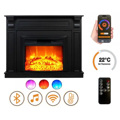 Cheminée électrique – Mykonos – 1800 W avec effet flamme réaliste, chauffage 17 à 27 °C – Bluetooth Wi-Fi – noire – DLC Home Meilleur Prix