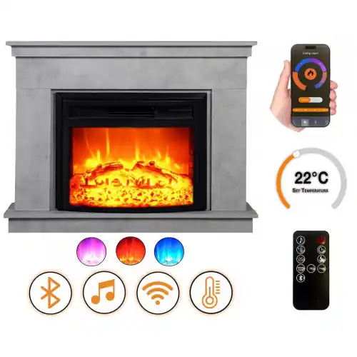 Offre Spéciale Cheminée électrique - Penida - 1800 W avec effet flamme réaliste, chauffage 17 à 27 °C - Bluetooth Wi-Fi - DLC Home