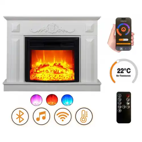 Cheminée électrique - Puglia - 1800 W avec effet flamme réaliste, chauffage 17 à 27 °C - Bluetooth Wi-Fi - DLC Home Nouvel Arrivage