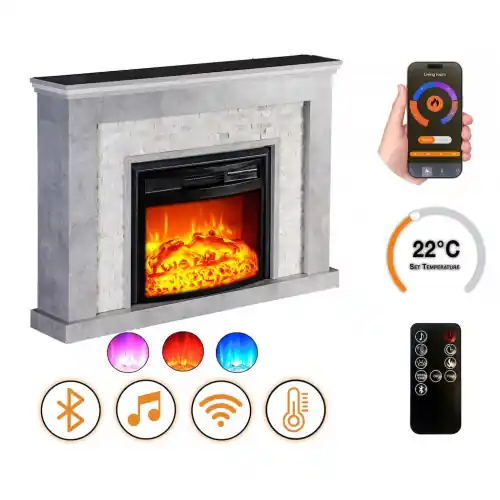Cheminée électrique - Retro - 1800 W avec effet flamme réaliste, chauffage 17 à 27 °C - Bluetooth Wi-Fi - DLC Home Usine Directe