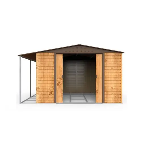 Abri de jardin métal effet bois 10,87 m² – avec auvent de stockage – Duramax Pas Cher