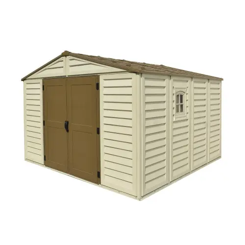 Abri PVC Woodstyle PREMIUM – 10,56m² – Kit fondation + 1 fenêtre – Beige – Duramax Prix Choc