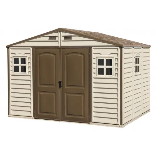 Abri PVC Woodstyle PREMIUM – 7,68m² – Kit fondation + 3 fenêtres – beige – Duramax Acheter Direct