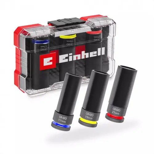 Jeu de douilles à impact - 3 pièces - 1/2” - 17/19/21 mm - avec protection jantes - acier CrMo - EINHELL Livraison Express