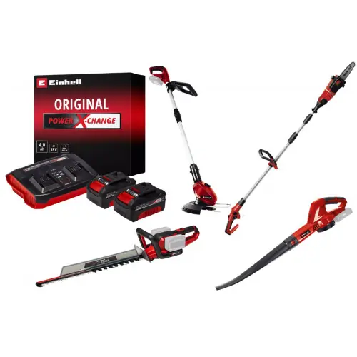 Offre Limitée Kit jardin sans fil Einhell – Coupe-bordure – souffleur – taille-haies – ébrancheur + 2 batteries 4.0Ah – EINHELL