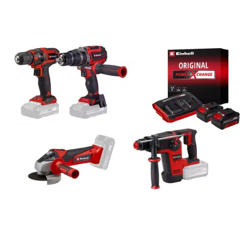 Vente Flash Kit perçage sans fil Einhell – Perceuses – meuleuse – perforateur + 2 batteries 4.0Ah + chargeur – EINHELL