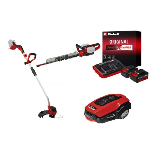 Kit premium jardin sans fil Einhell - Taille-haies 36V, coupe-bordure 36V, robot tondeuse + batteries 4.0Ah - EINHELL Meilleur Prix
