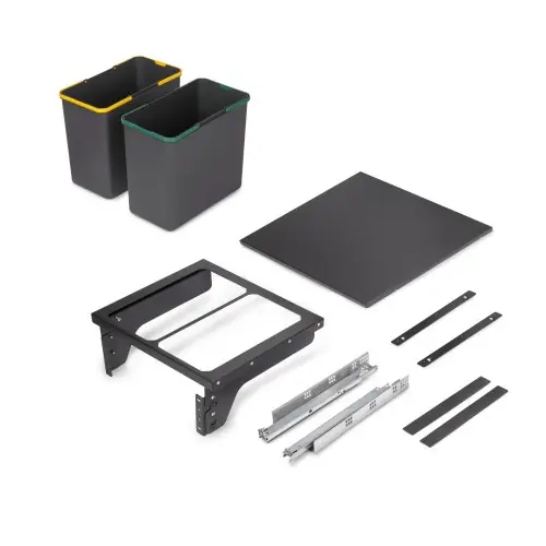 Bac de tri sélectif pour montage latéral sur meuble de cuisine Recycle 2x24litres – Acier – Plastique gris anthracite – EMUCA Nouvelle Collection