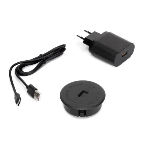 Chargeur de surface sans fil pour mobile Airtop 2 avec USB-A - Ø60mm - 5V DC / 2.1A (USB-10W/Qi-10W) - Plastique noir - Plas - EMUCA Vente Flash