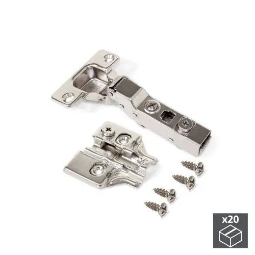 Offre Du Jour Lot de 20 charnières coudées pour montage en applique X91N avec ouverture 100º et embases avec réglage excentrique à visser - EMUCA