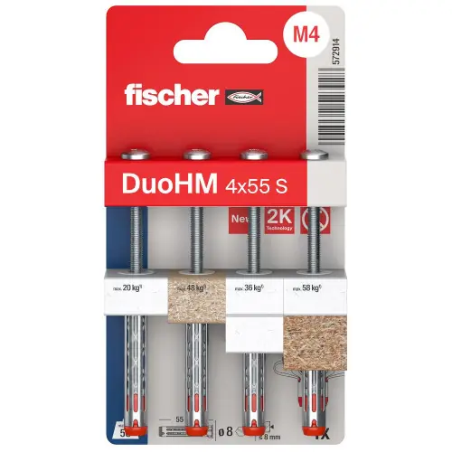 Vente Directe Lot de 4 chevilles murale avec vis DuoHM FISCHER, Diam.4 x L.55 mm - FISCHER