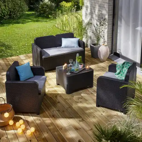 Produit De Marque Salon bas de jardin, plastique recyclé, SORRENTO Anthracite, 4 personnes – GRAND SOLEIL