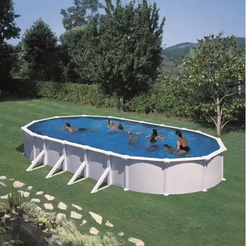 Piscine ovale acier 10,20m x 5,75m x H 1,32m - Filtration à sable - Renforts apparents - GRE POOLS Nouvelle Collection