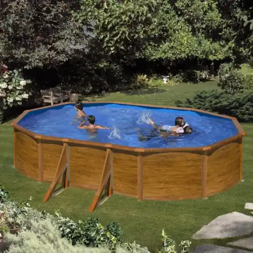 Haute Qualité Piscine ovale acier 5,27m x 3,27m x H 1,22m - Imitation bois - Filtration à cartouche - Renfort apparents - GRE POOLS