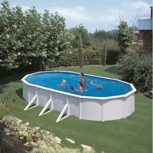 Piscine ovale acier 6,34m x 3,99m x H 1,22m - Filtration à cartouche - Renfort apparents - GRE POOLS Offre Spéciale
