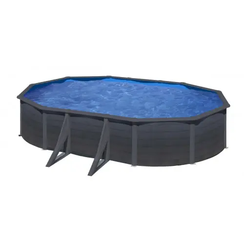 Quantité Limitée Piscine ovale acier 6,34m x 3,99m x H 1,22m - Gris anthracite - Filtration à sable - Renfort apparents - GRE POOLS