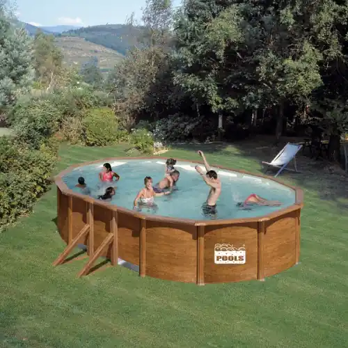 Piscine ovale acier 6,34m x 3,99m x H 1,22m - Imitation bois - Filtration à sable - Renfort apparents - GRE POOLS Super Prix