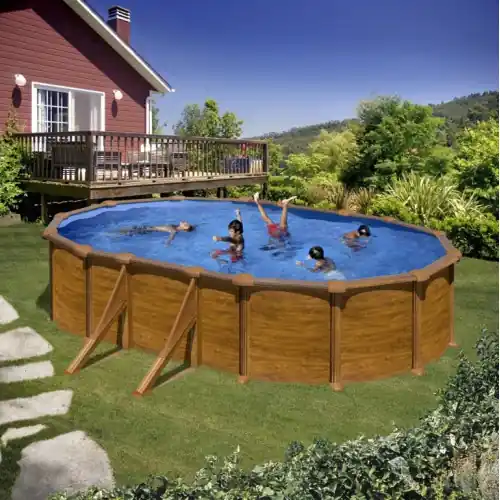 Piscine ovale acier 6,34m x 3,99m x H 1,32m - Imitation bois - Filtration à sable - Renforts apparents - GRE POOLS Pas Cher